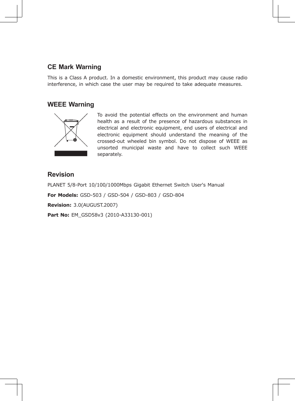 Ce mark warning, Weee warning, Revision | Planet Technology GSD-Series User Manual | Page 3 / 20