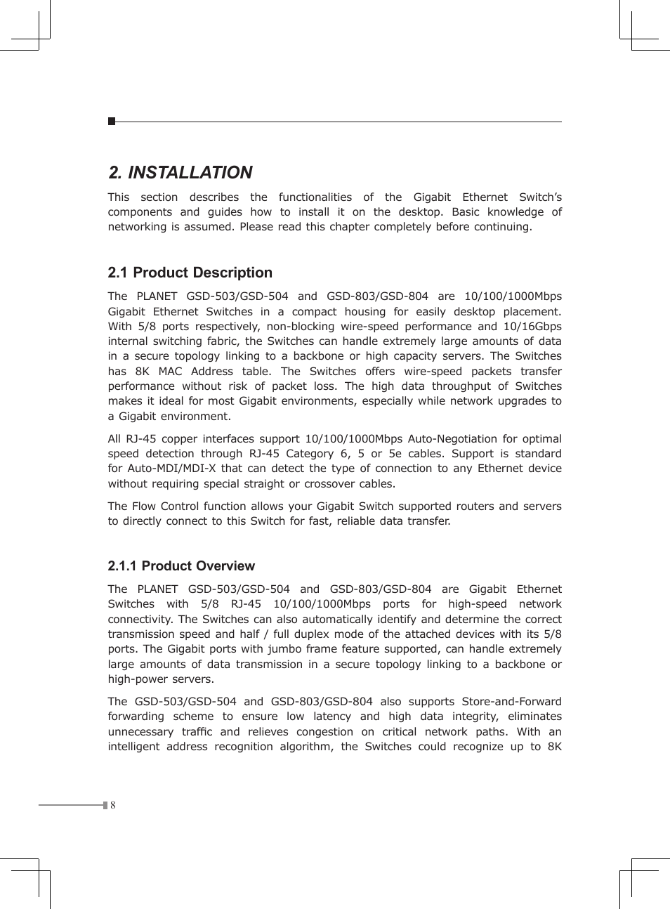 Installation, 1 product description | Planet Technology GSD-Series User Manual | Page 8 / 20