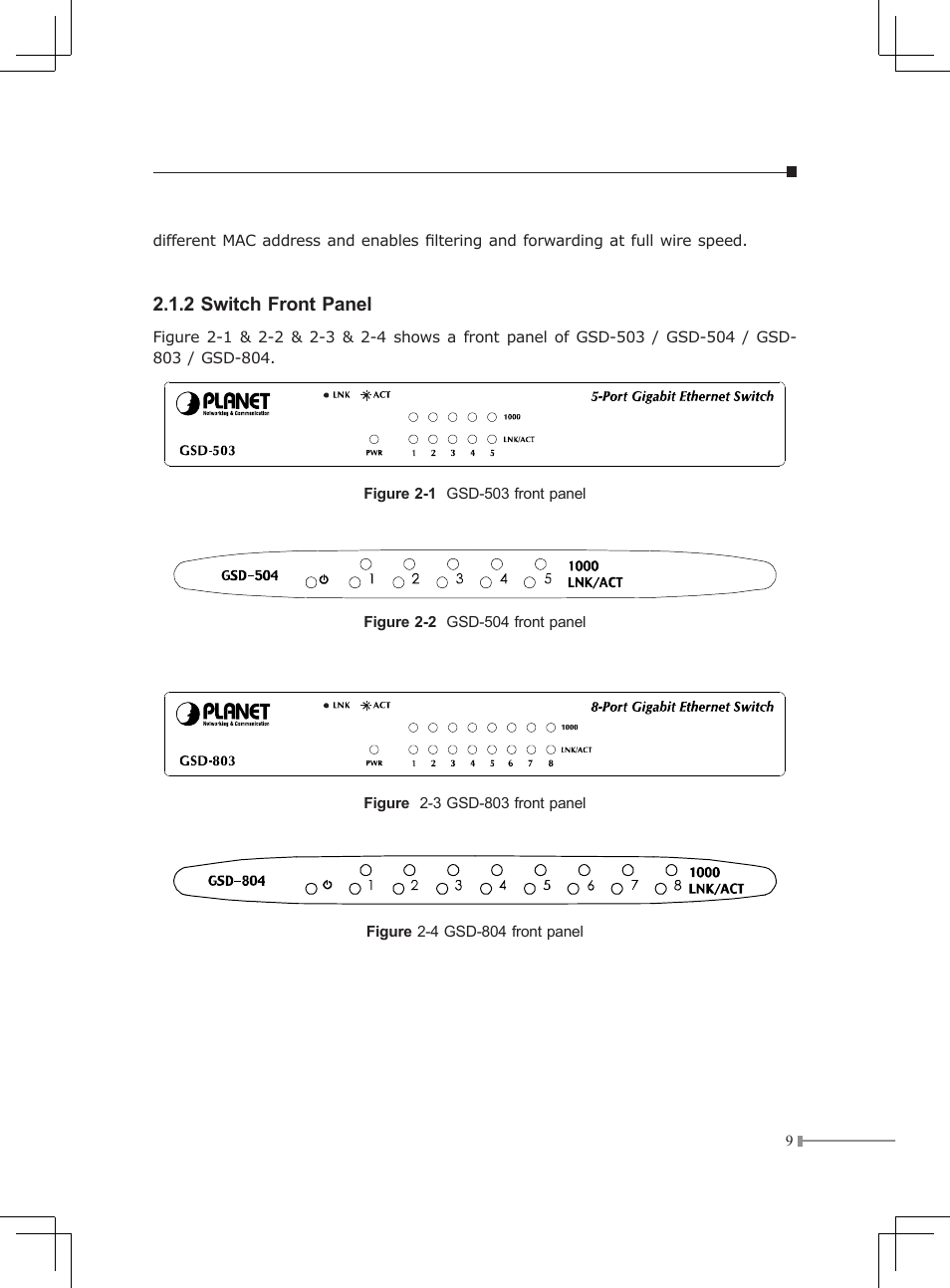2 switch front panel | Planet Technology GSD-Series User Manual | Page 9 / 20