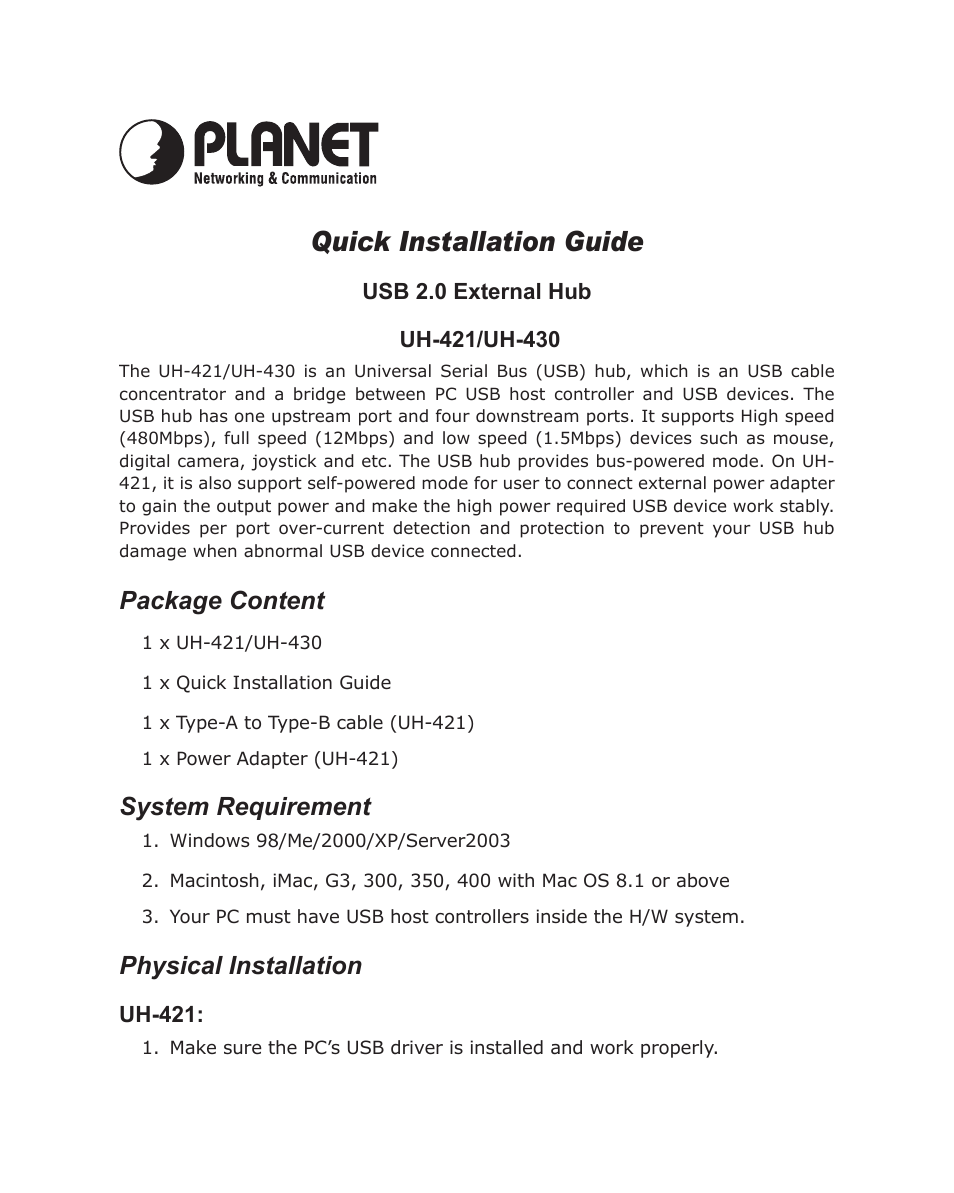 Planet Technology USB 2.0 External Hub UH-430 User Manual | 2 pages