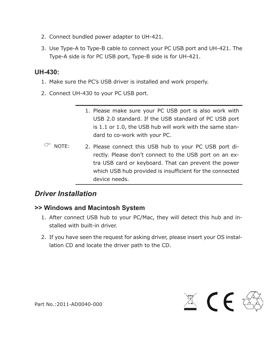Driver installation | Planet Technology USB 2.0 External Hub UH-430 User Manual | Page 2 / 2