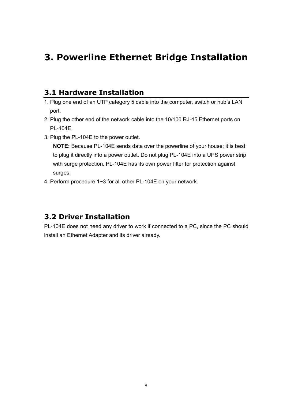 Powerline ethernet bridge installation, 1 hardware installation, 2 driver installation | Planet Technology USB Powerline Adapter PL-104U User Manual | Page 13 / 23