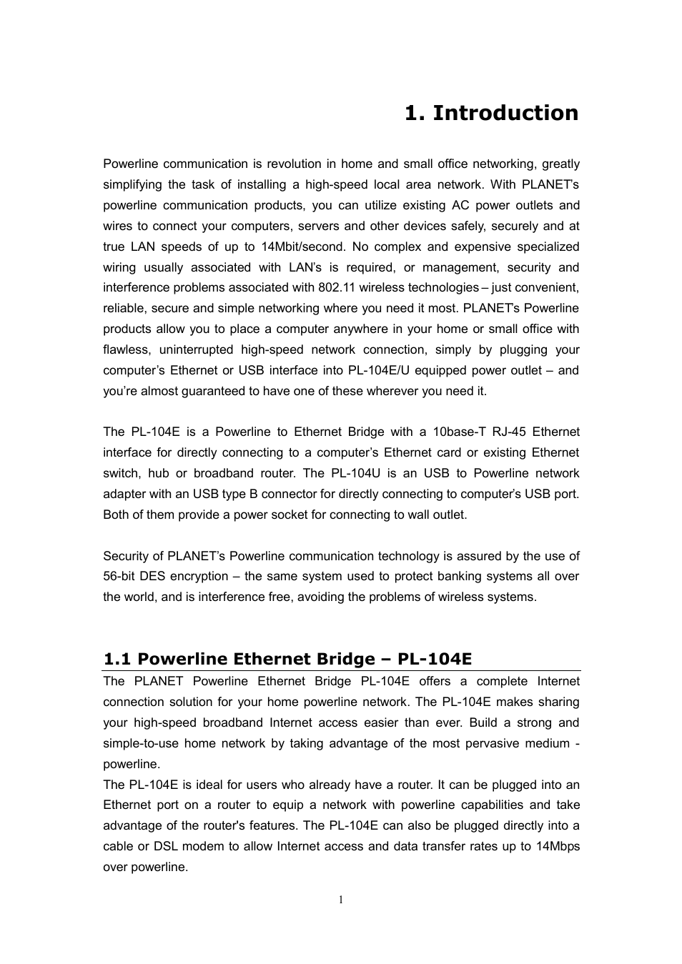 Introduction, 1 powerline ethernet bridge – pl-104e | Planet Technology USB Powerline Adapter PL-104U User Manual | Page 5 / 23