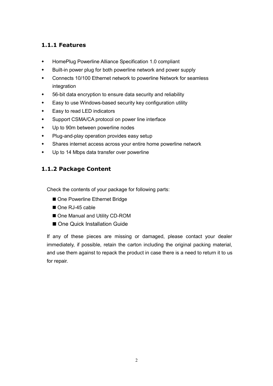 1 features, 2 package content | Planet Technology USB Powerline Adapter PL-104U User Manual | Page 6 / 23