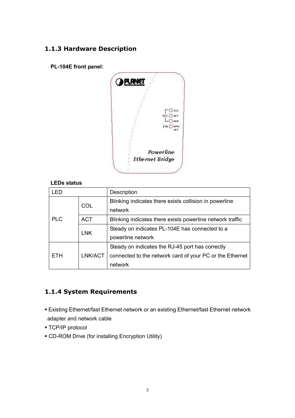 3 hardware description, 4 system requirements | Planet Technology USB Powerline Adapter PL-104U User Manual | Page 7 / 23