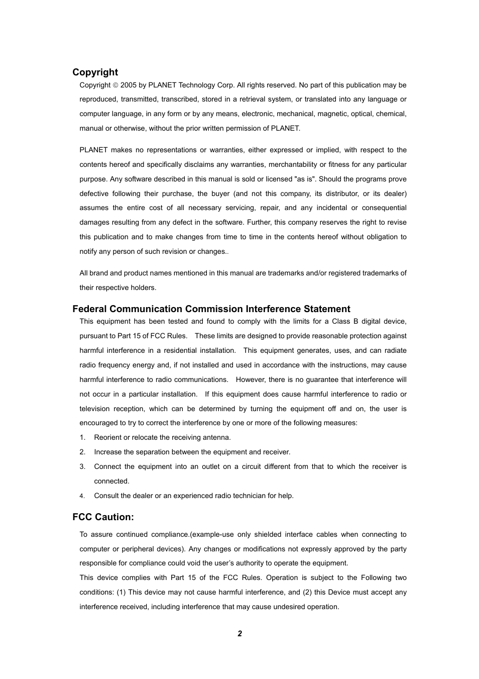 Copyright, Fcc caution | Planet Technology WL-U357 User Manual | Page 2 / 35