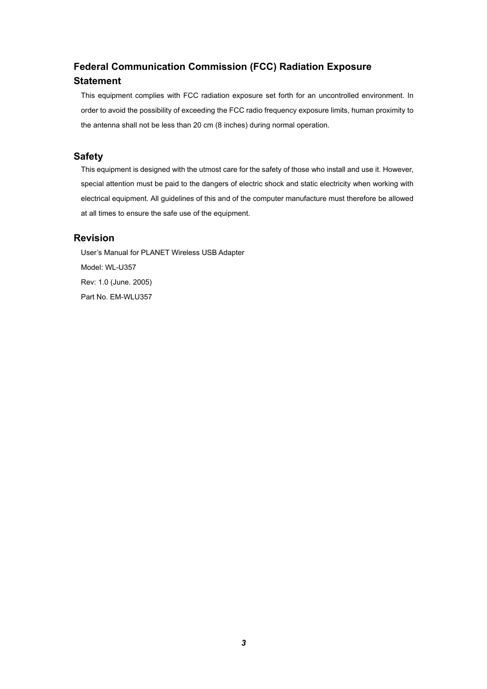 Revision, Safety | Planet Technology WL-U357 User Manual | Page 3 / 35