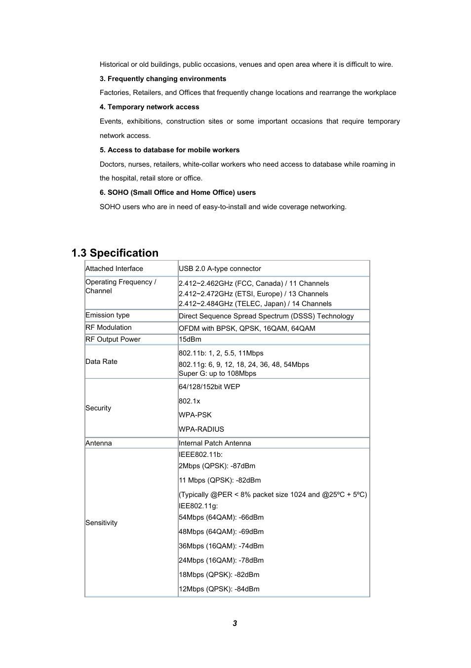 3 specification | Planet Technology WL-U357 User Manual | Page 7 / 35