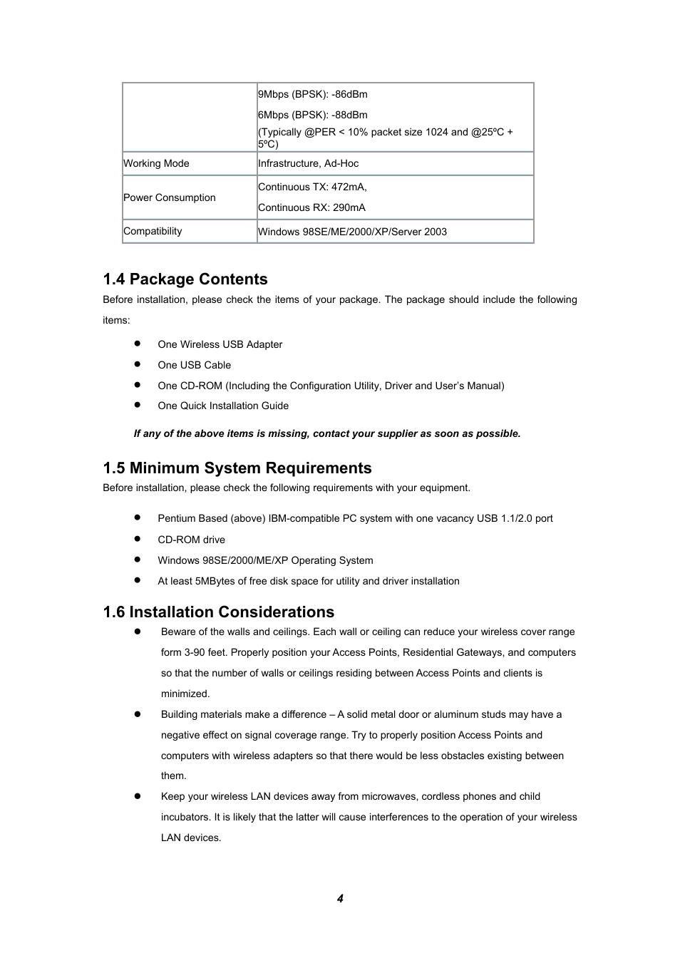 4 package contents, 5 minimum system requirements, 6 installation considerations | Planet Technology WL-U357 User Manual | Page 8 / 35