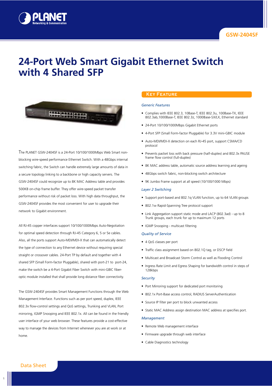 Planet Technology GSW-2404 User Manual | 2 pages