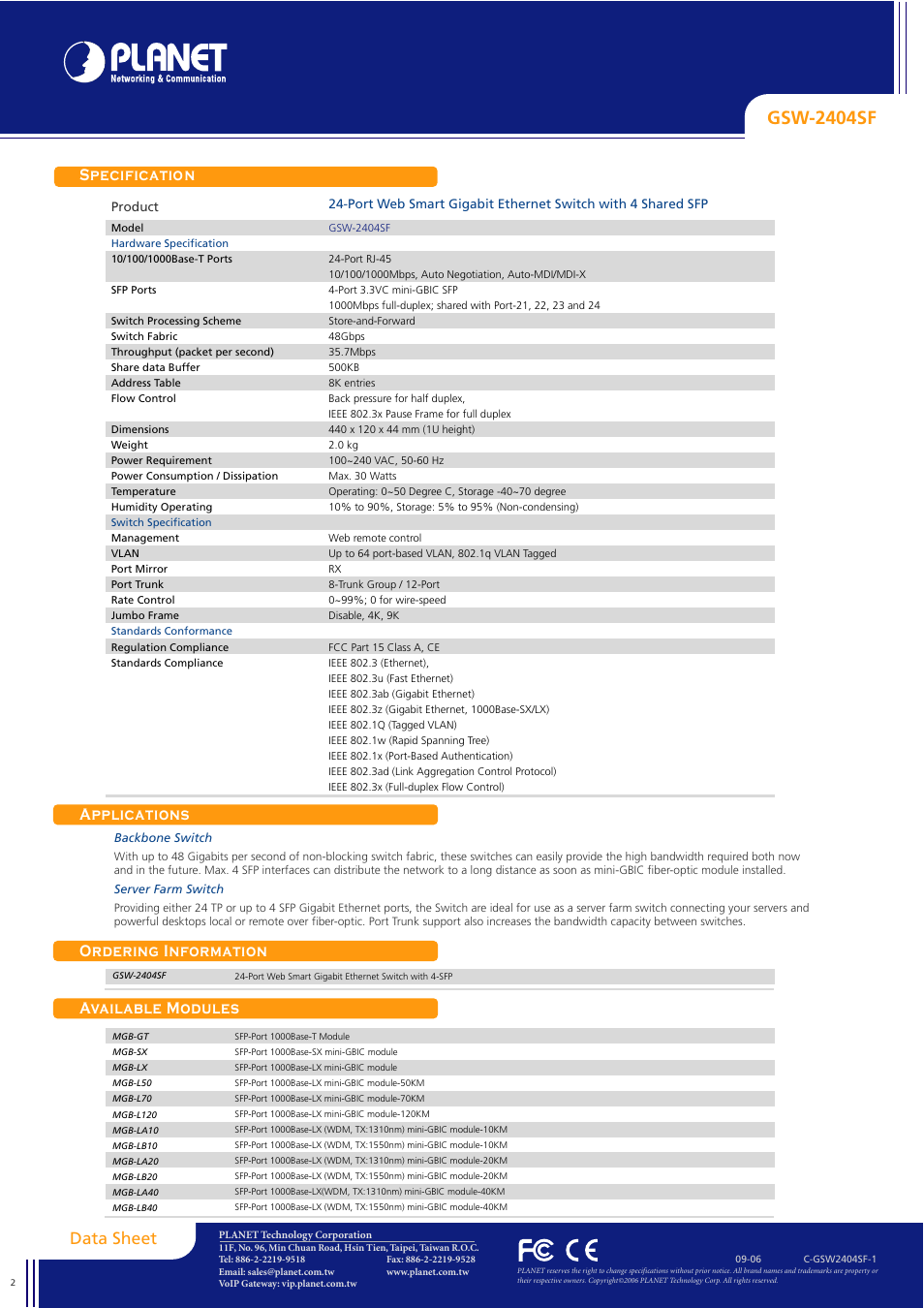 Gsw-2404sf, Specification applications ordering information, Available modules | Data sheet | Planet Technology GSW-2404 User Manual | Page 2 / 2