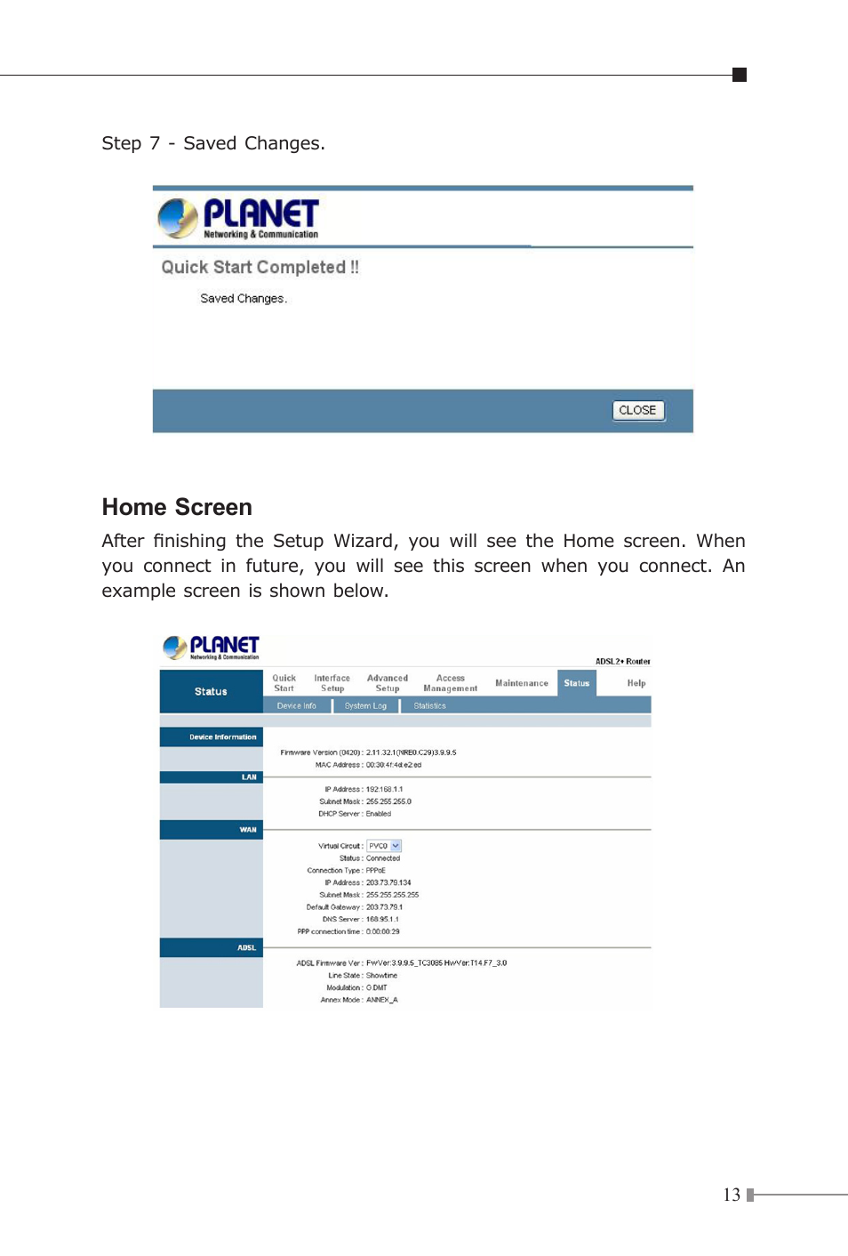 Home screen | Planet Technology 802.11n Wireless ADSL 2/2+ Router ADN-4000 User Manual | Page 13 / 16