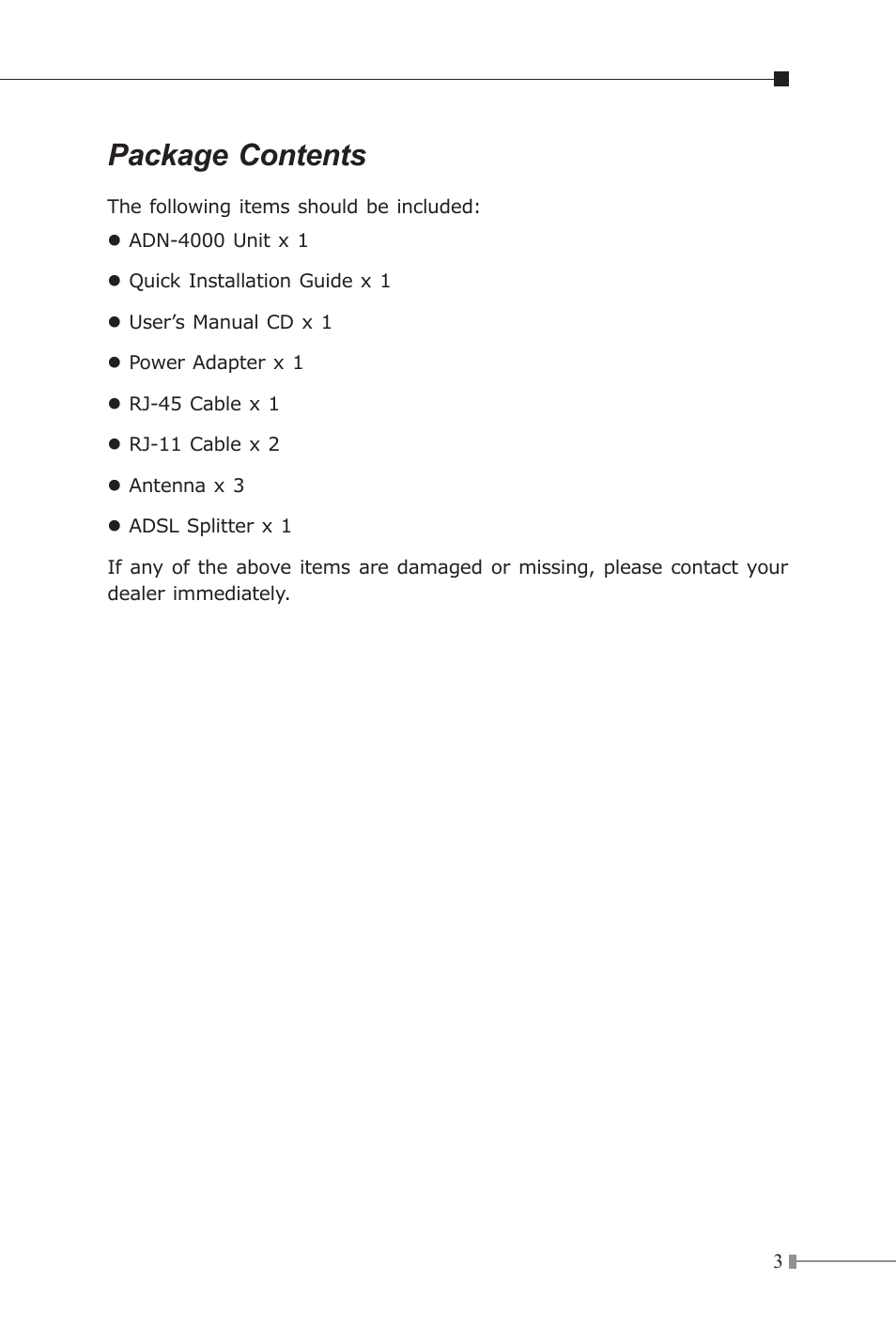 Package contents | Planet Technology 802.11n Wireless ADSL 2/2+ Router ADN-4000 User Manual | Page 3 / 16