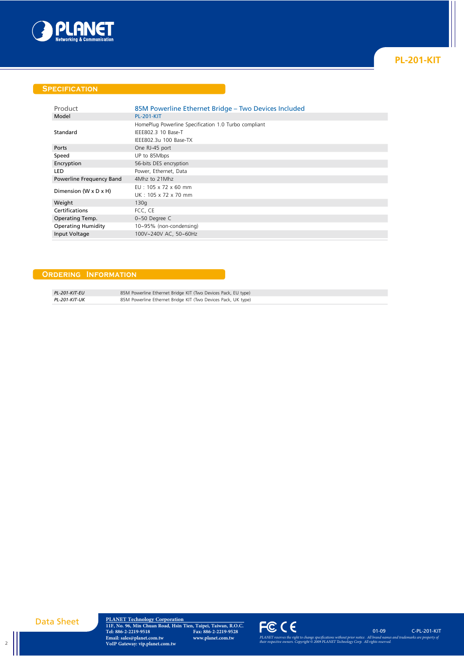 Pl-201-kit, Data sheet, Specification ordering information | Planet Technology 85M Powerline Ethernet PL-201-KIT User Manual | Page 2 / 2