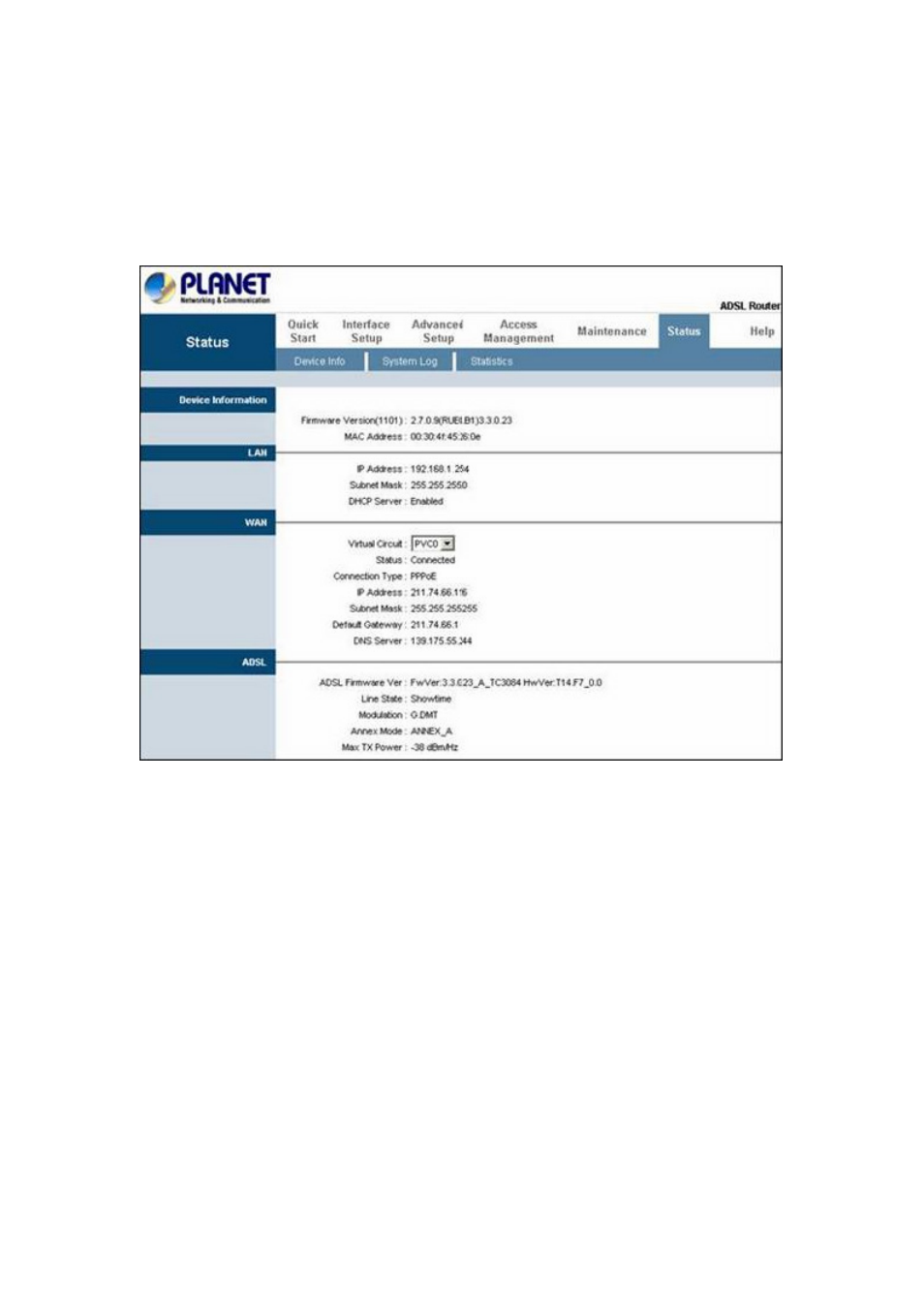 1 adsl status, 2 adsl statistics | Planet Technology ADSL 2/2+ Router ADE4400v2 User Manual | Page 33 / 55