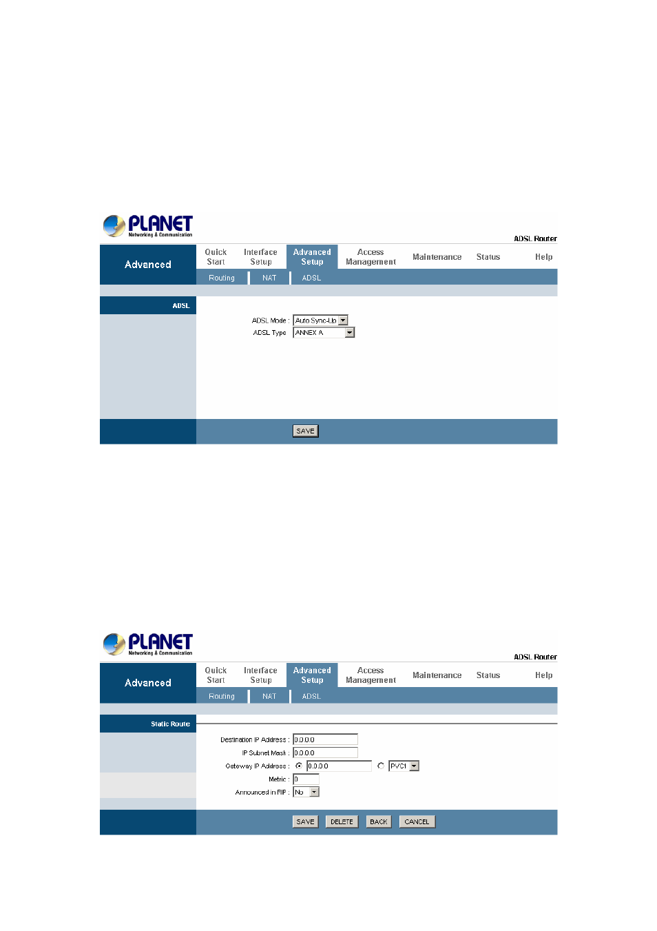 4 adsl type setting, 1 static routing | Planet Technology ADSL 2/2+ Router ADE4400v2 User Manual | Page 43 / 55