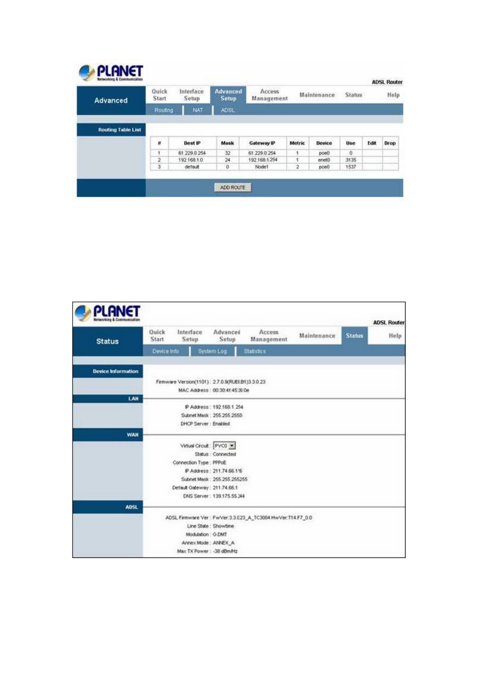 1 system status | Planet Technology ADSL 2/2+ Router ADE4400v2 User Manual | Page 45 / 55