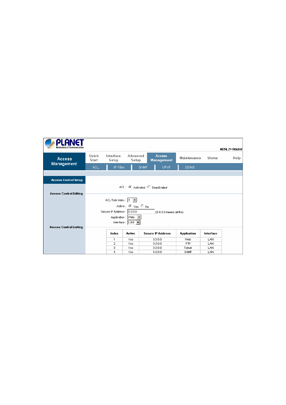 1 access control list, 1 simple network management protocol | Planet Technology ADSL 2/2+ Router ADE4400v2 User Manual | Page 46 / 55