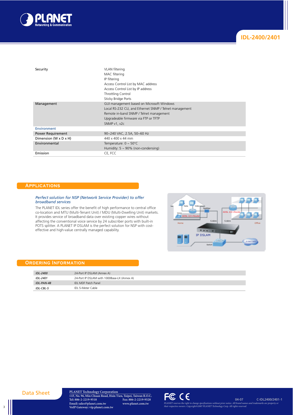 C-idl2400_2401-1_s2.pdf, Applications ordering information, Data sheet | Planet Technology IP DSLAM IDL-2400 User Manual | Page 3 / 3