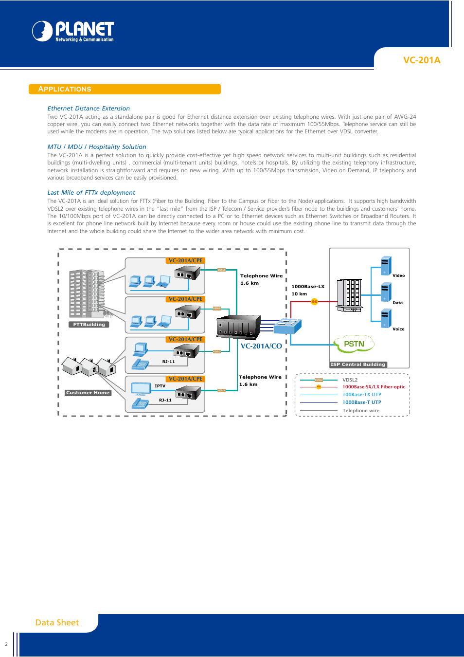 Vc-201a, Data sheet, Applications | Pstn, Vc-201a/co | Planet Technology VDSL2 User Manual | Page 2 / 4