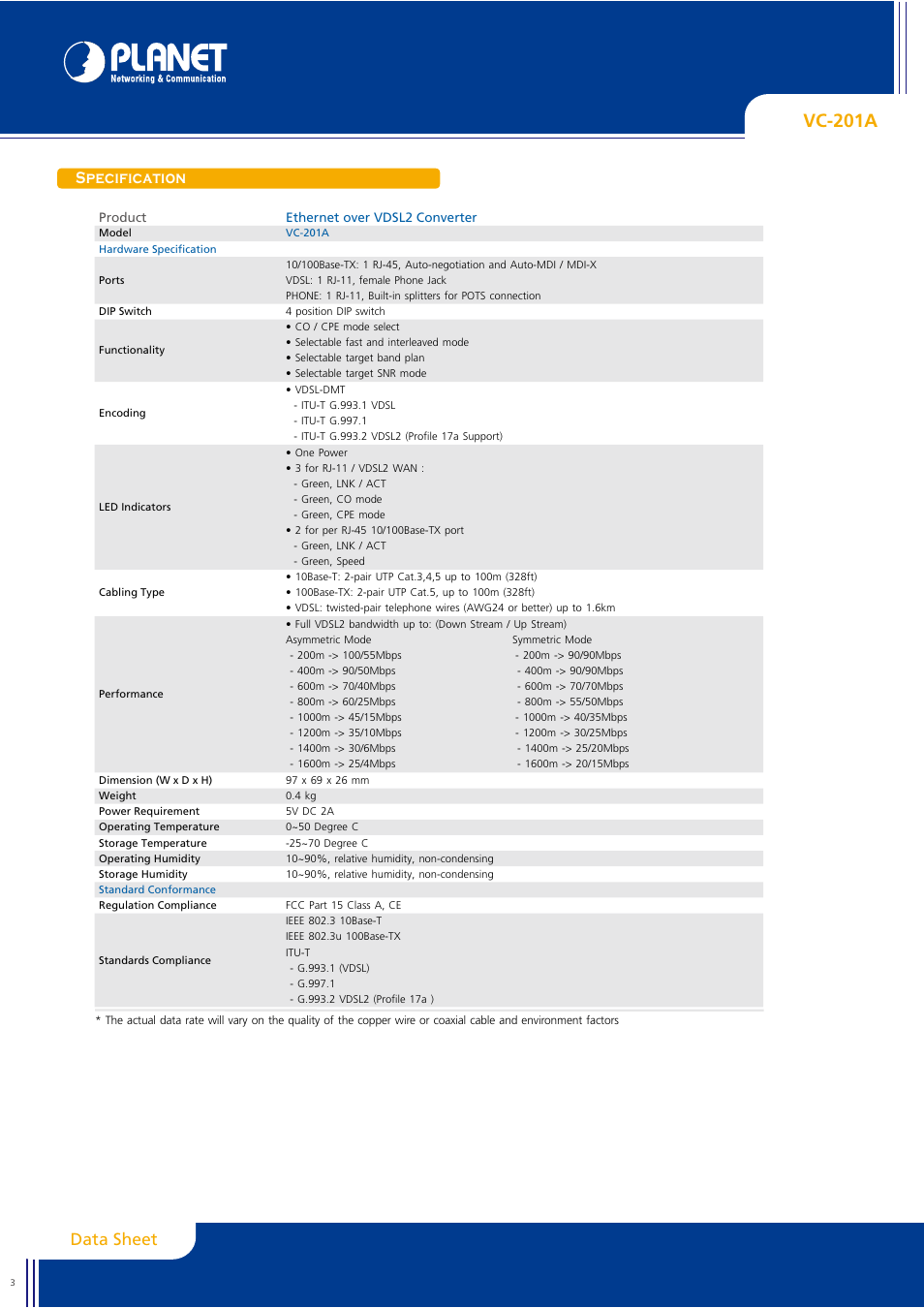 Vc-201a, Data sheet, Specification | Planet Technology VDSL2 User Manual | Page 3 / 4