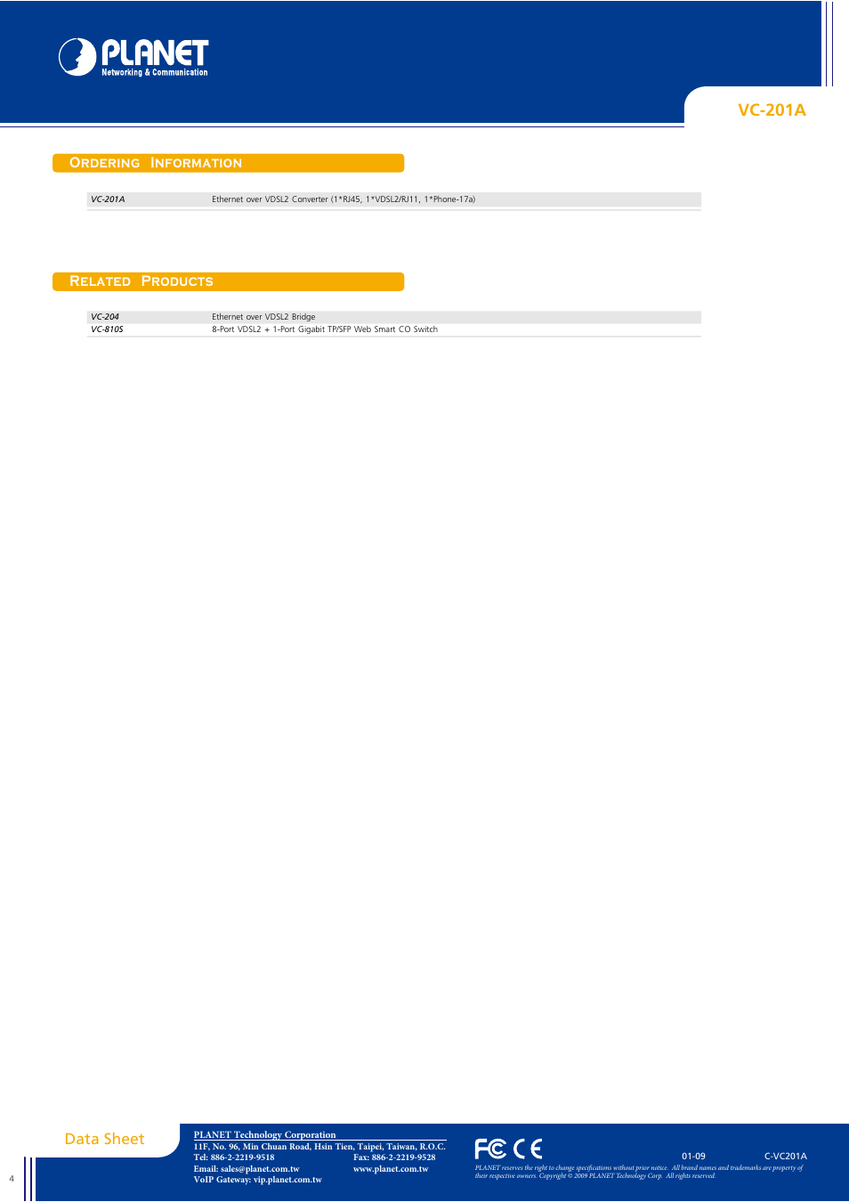Vc-201a, Data sheet, Ordering information | Related products | Planet Technology VDSL2 User Manual | Page 4 / 4