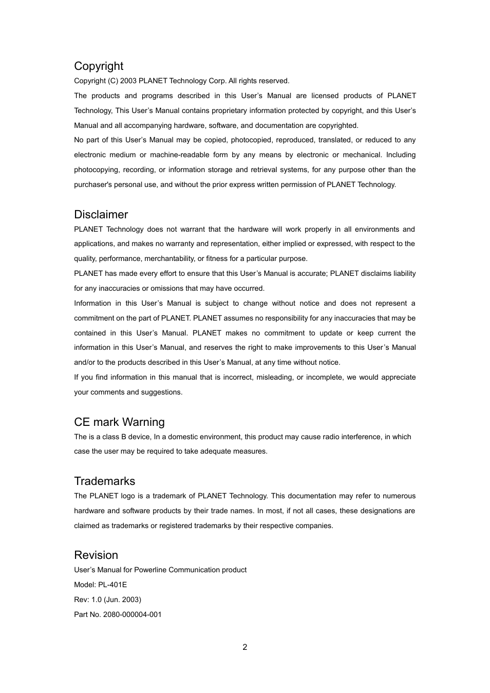 Copyright, Disclaimer, Ce mark warning | Trademarks, Revision | Planet Technology PL-401E User Manual | Page 2 / 19