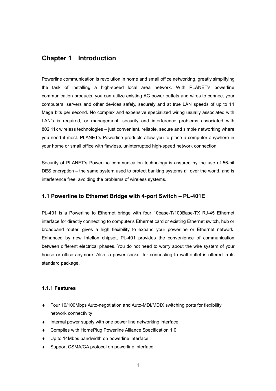 Chapter 1 introduction, 1 features | Planet Technology PL-401E User Manual | Page 4 / 19