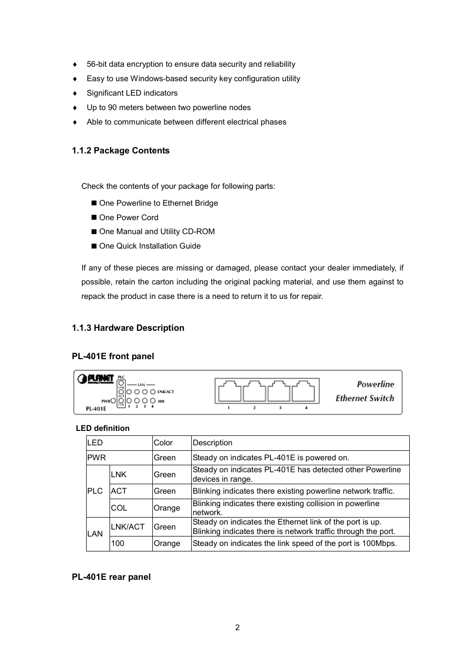 2 package contents, 3 hardware description | Planet Technology PL-401E User Manual | Page 5 / 19