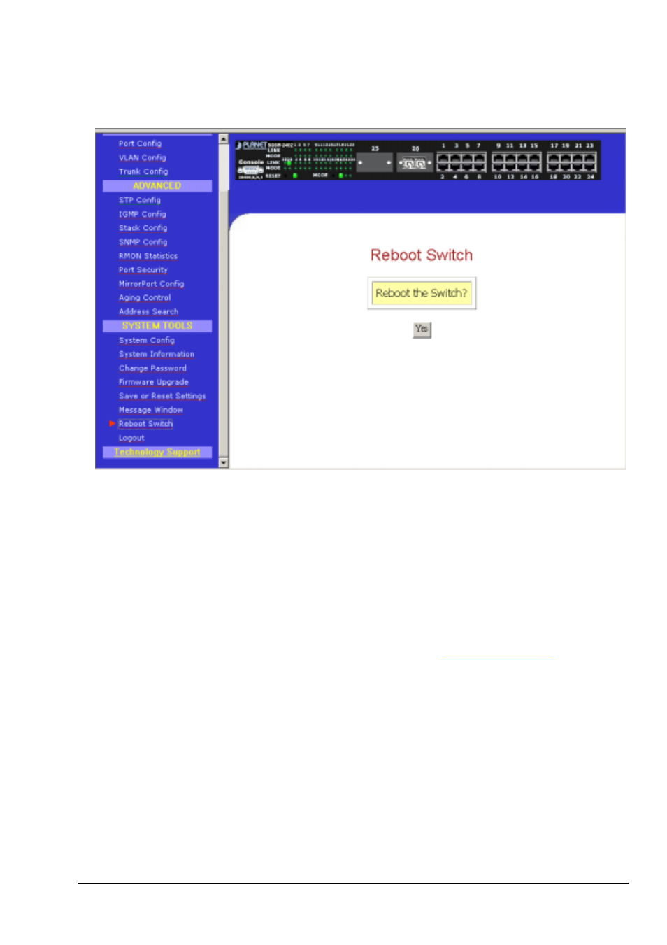 23 reboot switch, 24 logout | Planet Technology SGSW-2402 User Manual | Page 42 / 63