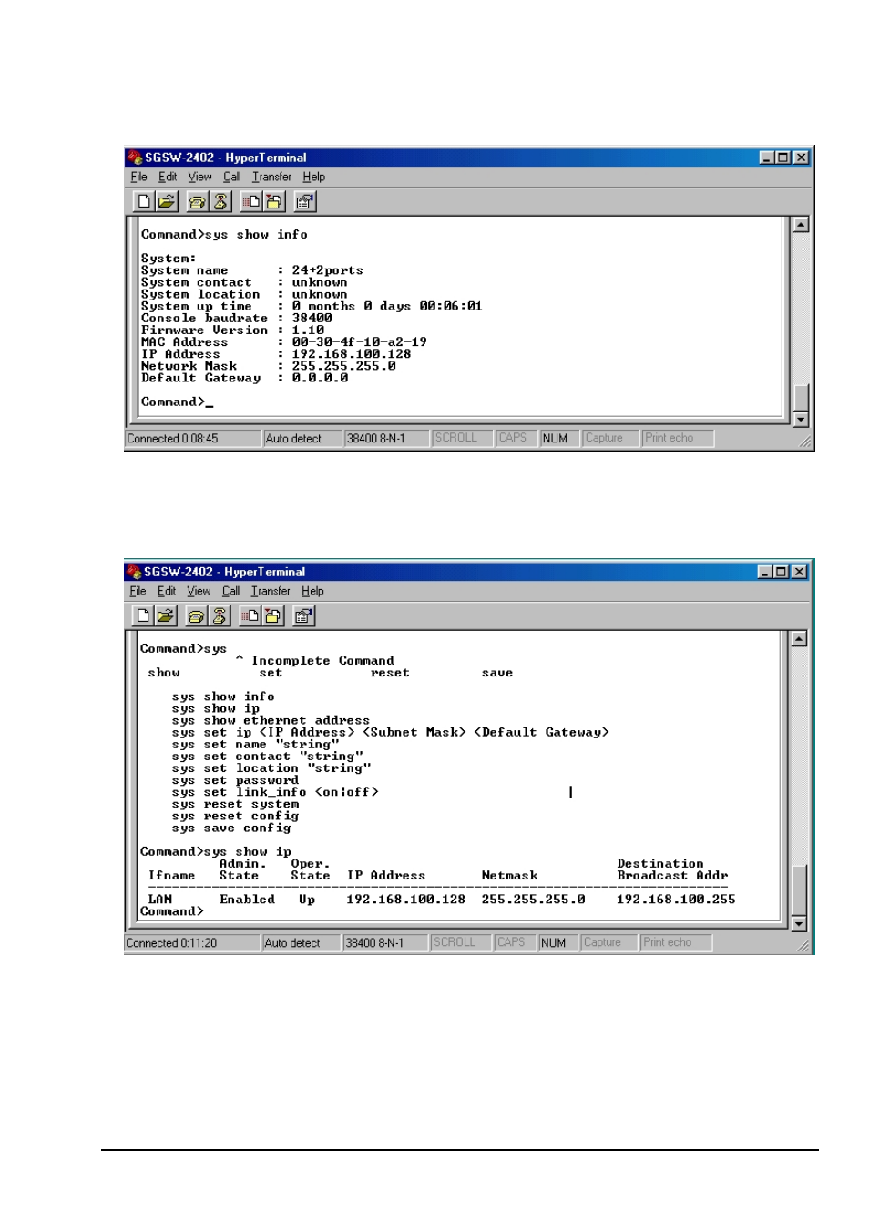 2 sys show info, Sys show ip | Planet Technology SGSW-2402 User Manual | Page 48 / 63