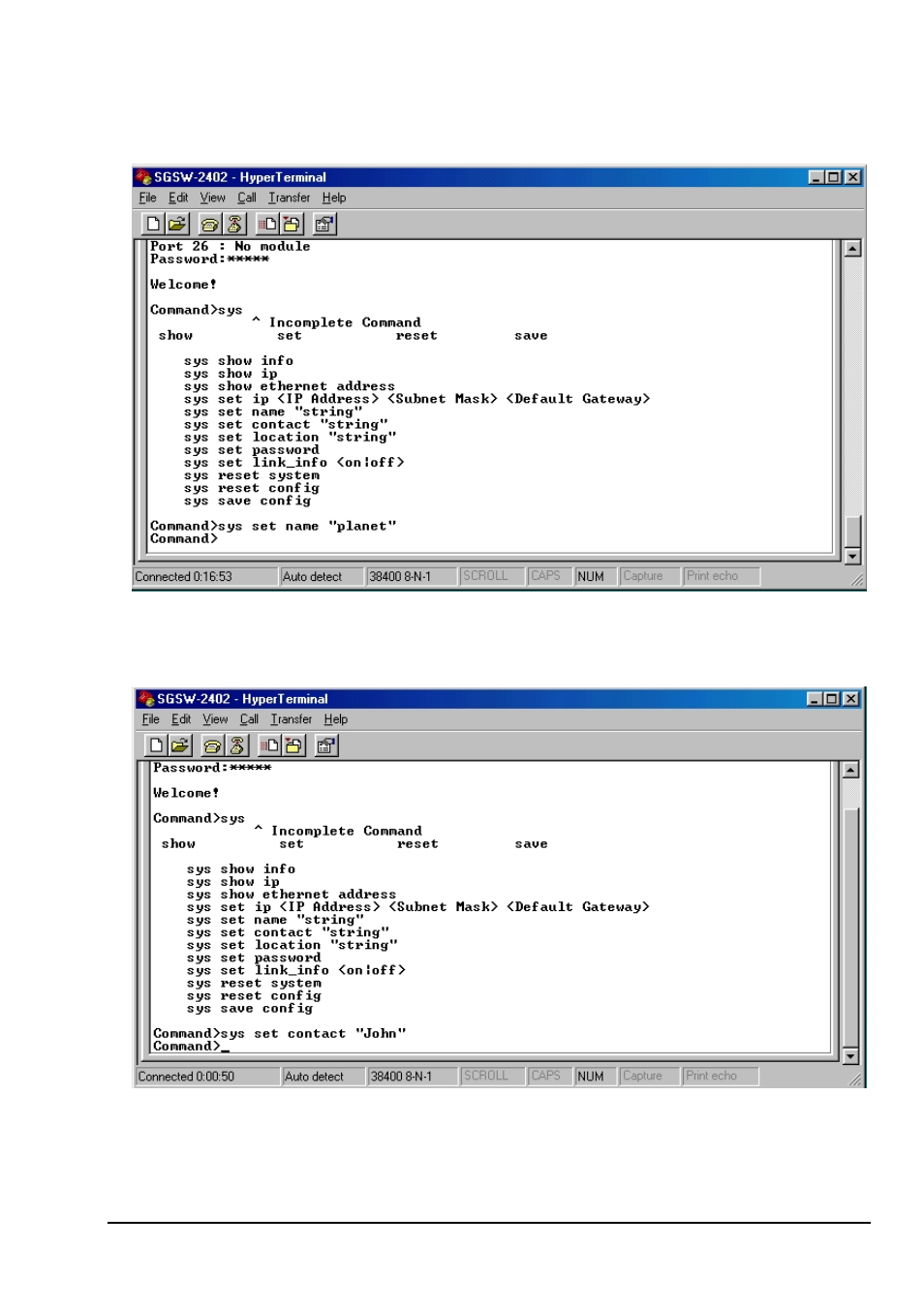 Sys set name "string, Sys set contact "string | Planet Technology SGSW-2402 User Manual | Page 50 / 63