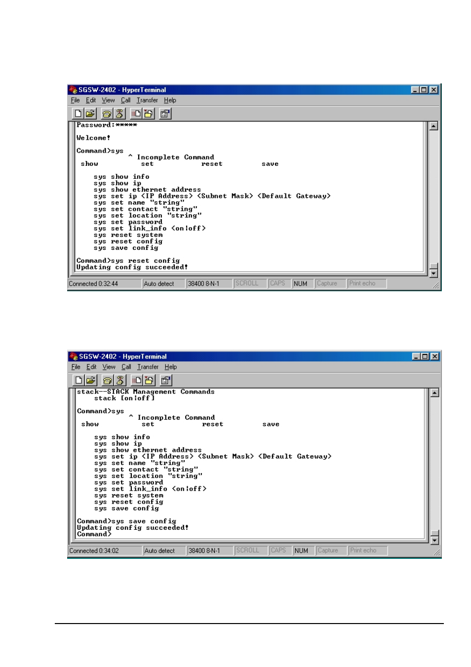 Sys reset config, Sys save config | Planet Technology SGSW-2402 User Manual | Page 53 / 63