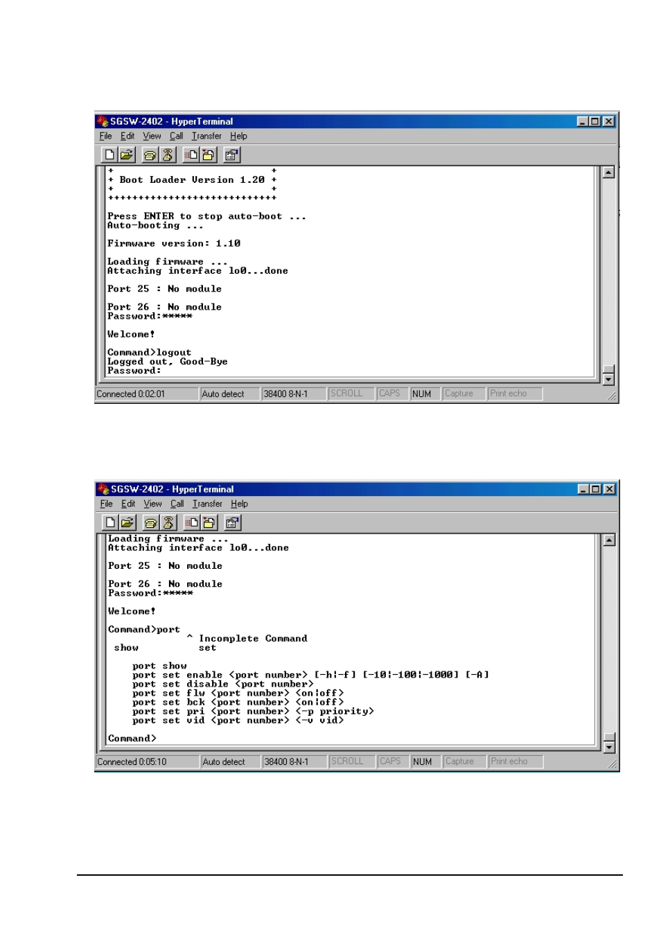 Logout, Port--port management commands | Planet Technology SGSW-2402 User Manual | Page 54 / 63