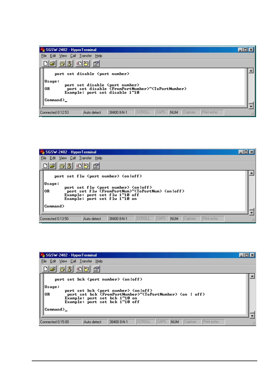 Port set disable <port number, Port set flw <port number> <on|off, Port set bck <port number> <on|off | Planet Technology SGSW-2402 User Manual | Page 56 / 63