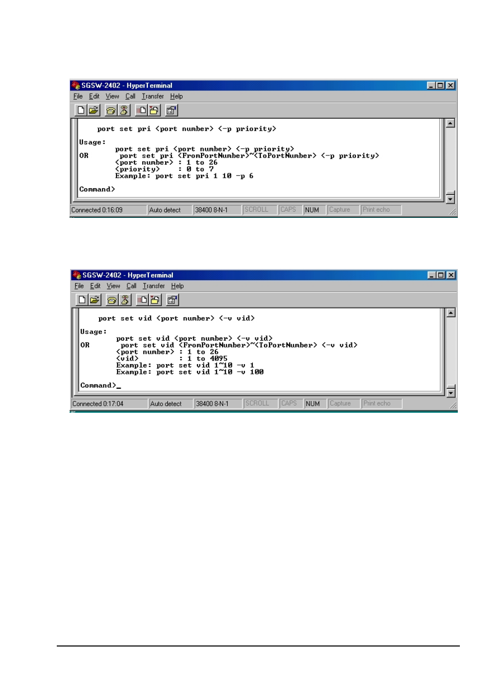 Port set pri <port number> <-p priority, Port set vid <port number> <-v vid | Planet Technology SGSW-2402 User Manual | Page 57 / 63