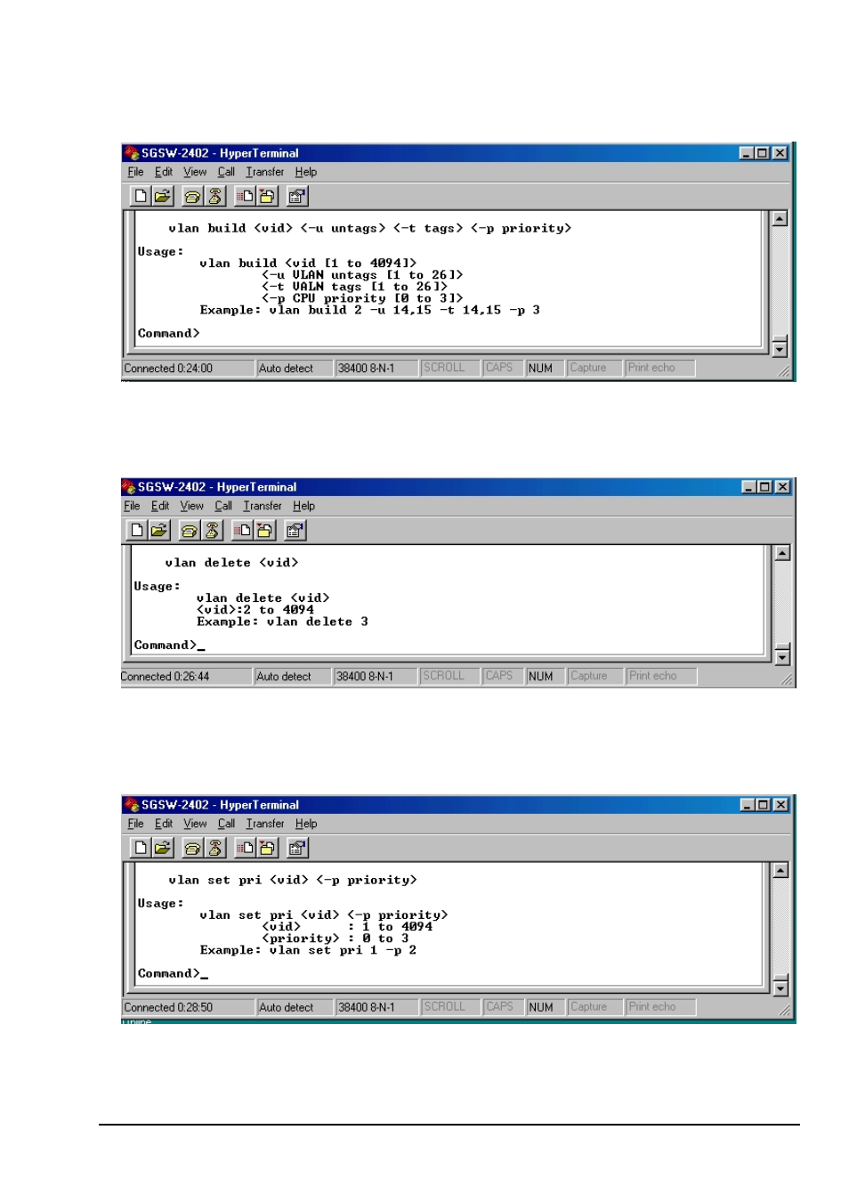Vlan delete <vid, Vlan set pri <vid> <-p priority | Planet Technology SGSW-2402 User Manual | Page 59 / 63