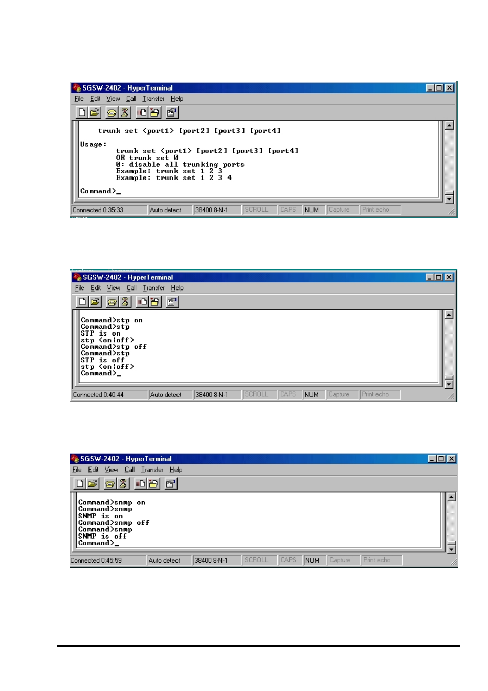 Trunk set <port1> [port2] [port3] [port4, Stp--stp management commands, Snmp--snmp management commands | Planet Technology SGSW-2402 User Manual | Page 61 / 63