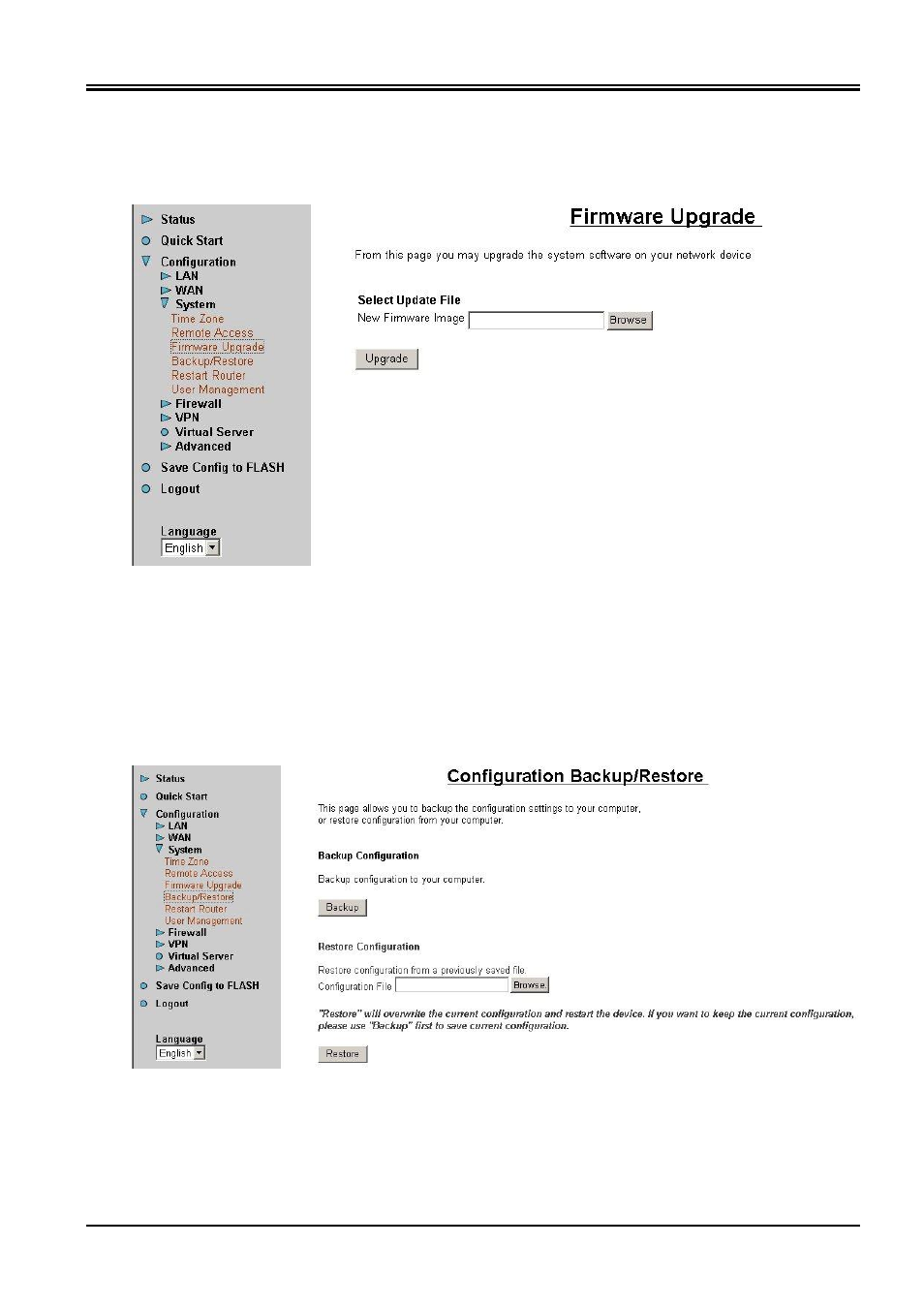 3 firmware upgrade, 4 backup/restore, 5 restart router | Planet Technology ADSL VPN/Firewall Router ADW-4200 User Manual | Page 36 / 80