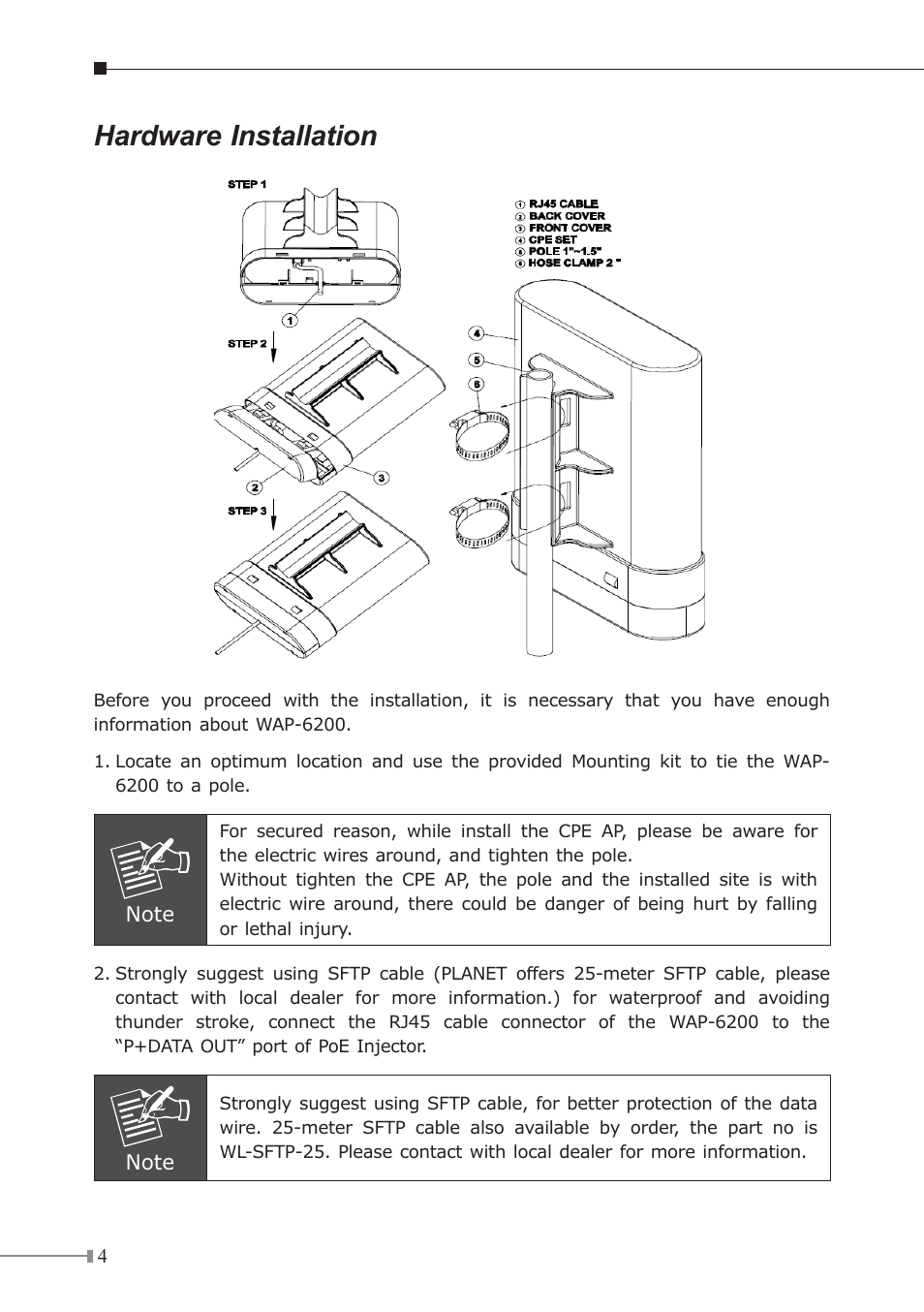 Hardware installation | Planet Technology WAP-6200 User Manual | Page 4 / 8