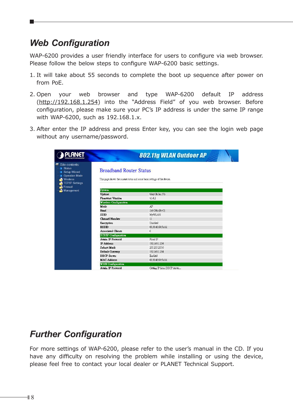 Web configuration, Further configuration | Planet Technology WAP-6200 User Manual | Page 8 / 8