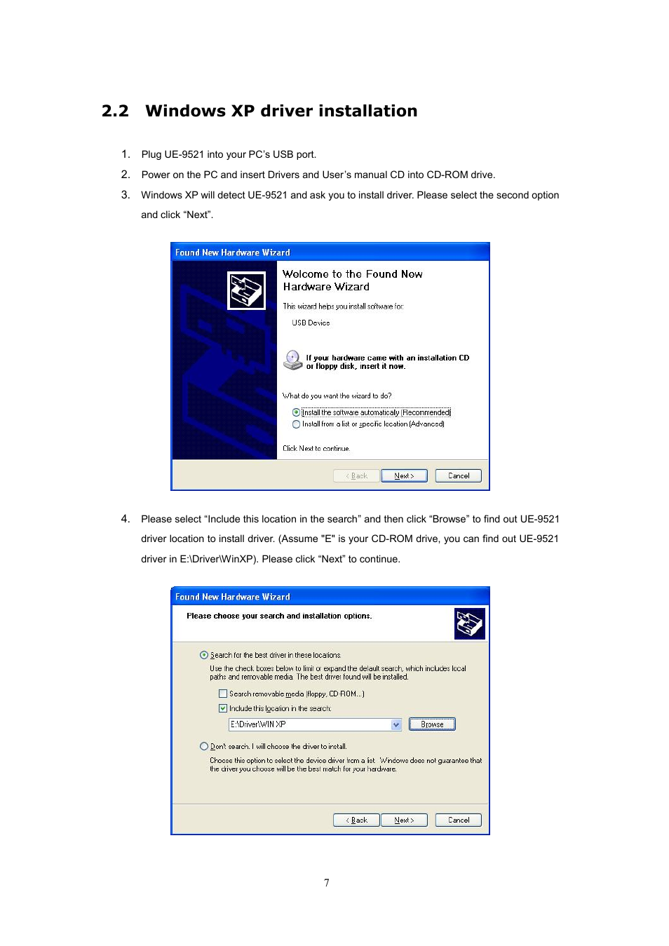 2 windows xp driver installation | Planet Technology UE-9521 User Manual | Page 11 / 13