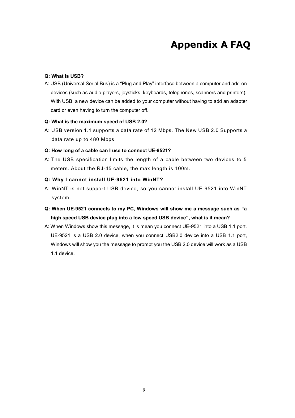 Appendix a faq | Planet Technology UE-9521 User Manual | Page 13 / 13