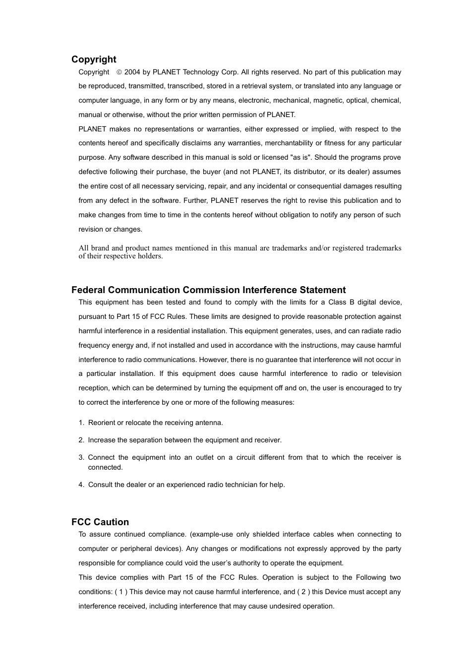 Copyright, Fcc caution | Planet Technology UE-9521 User Manual | Page 2 / 13
