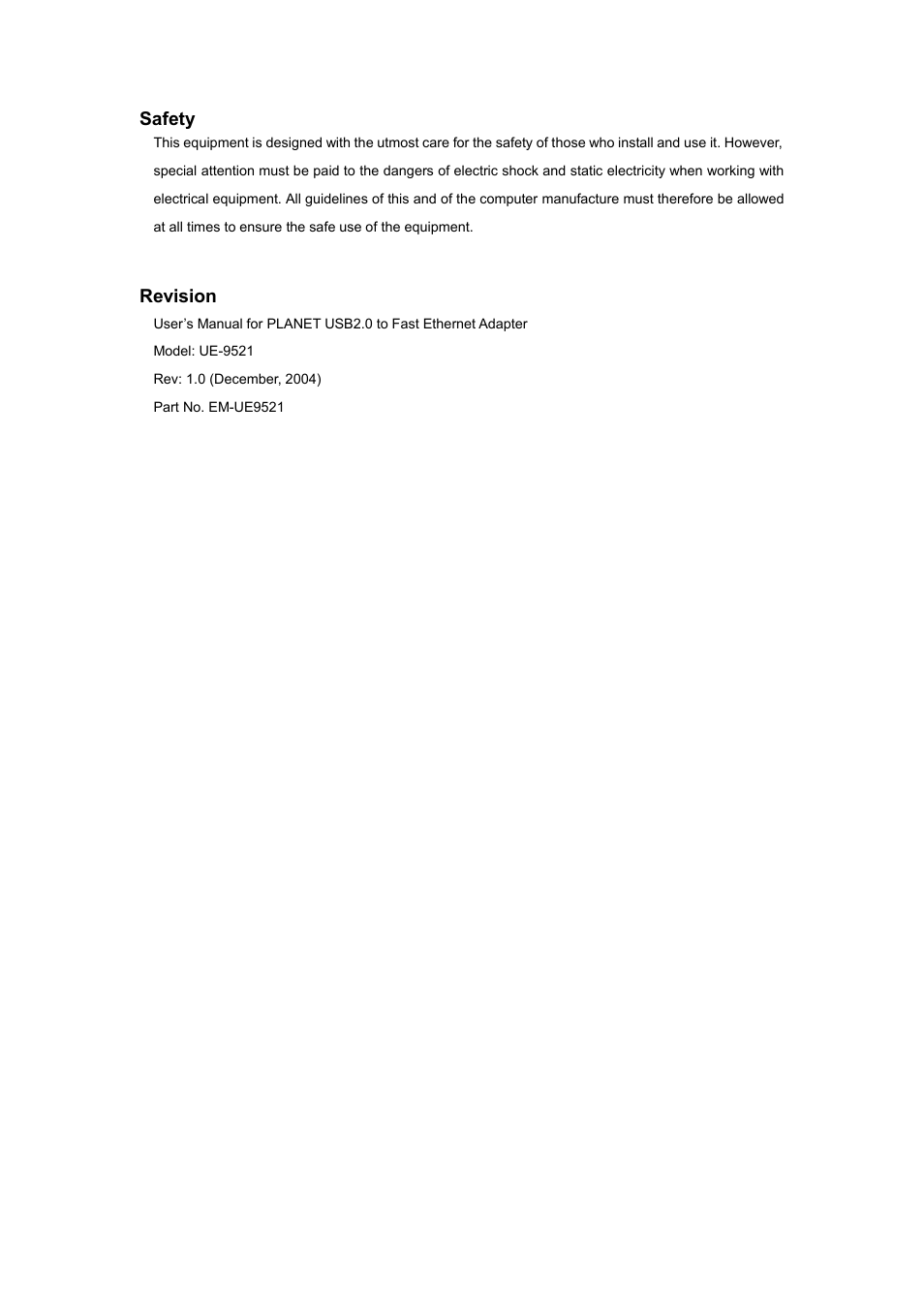 Safety, Revision | Planet Technology UE-9521 User Manual | Page 3 / 13