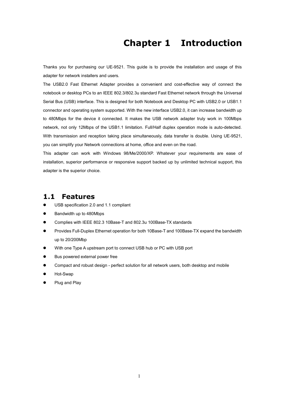 Chapter 1 introduction, 1 features | Planet Technology UE-9521 User Manual | Page 5 / 13