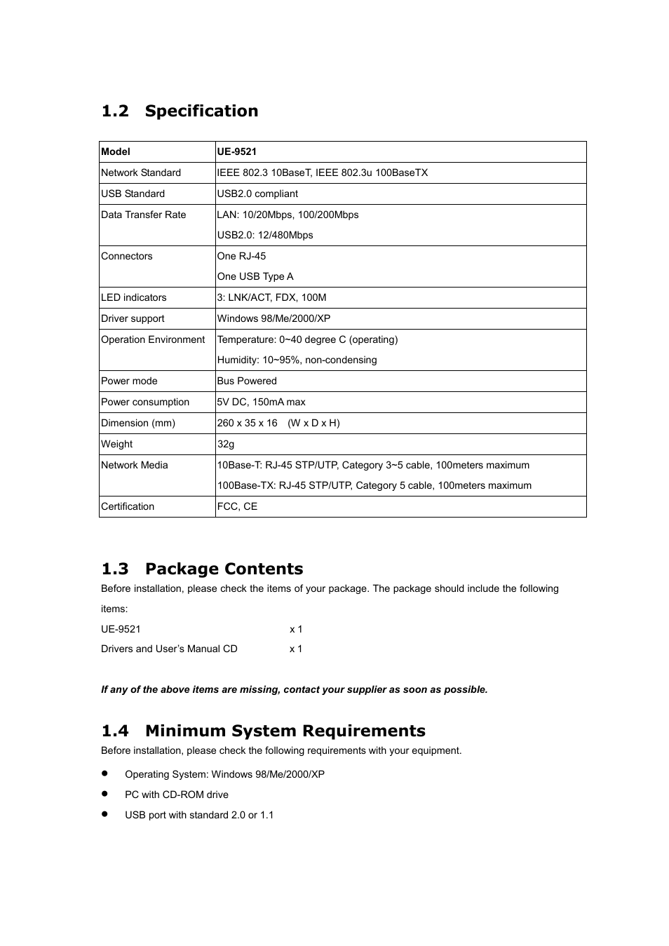2 specification, 3 package contents, 4 minimum system requirements | Planet Technology UE-9521 User Manual | Page 6 / 13