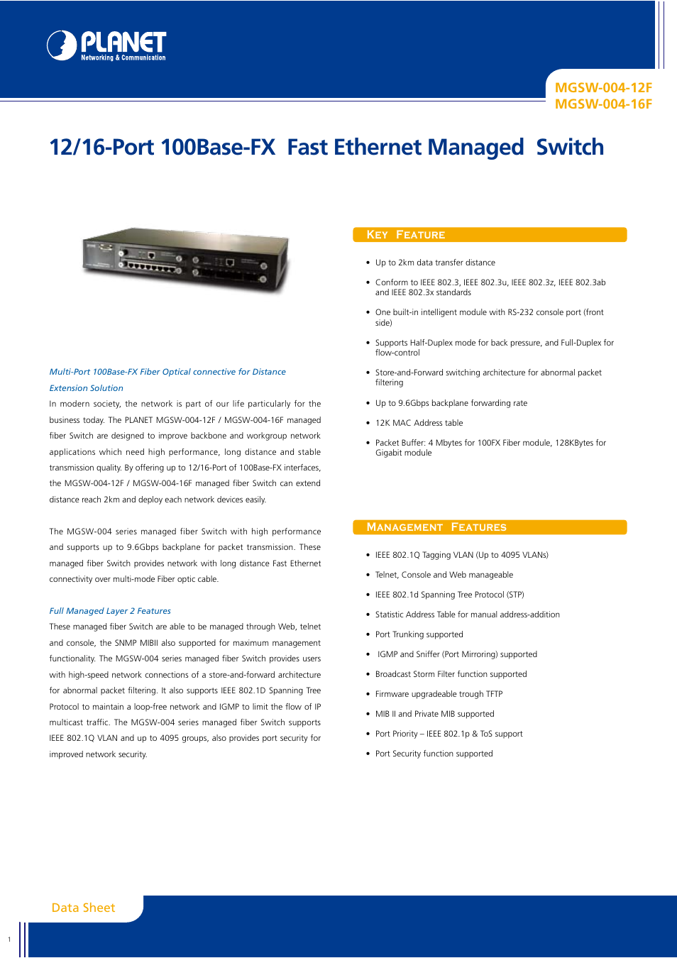 Planet Technology MGSW-004-12F User Manual | 3 pages