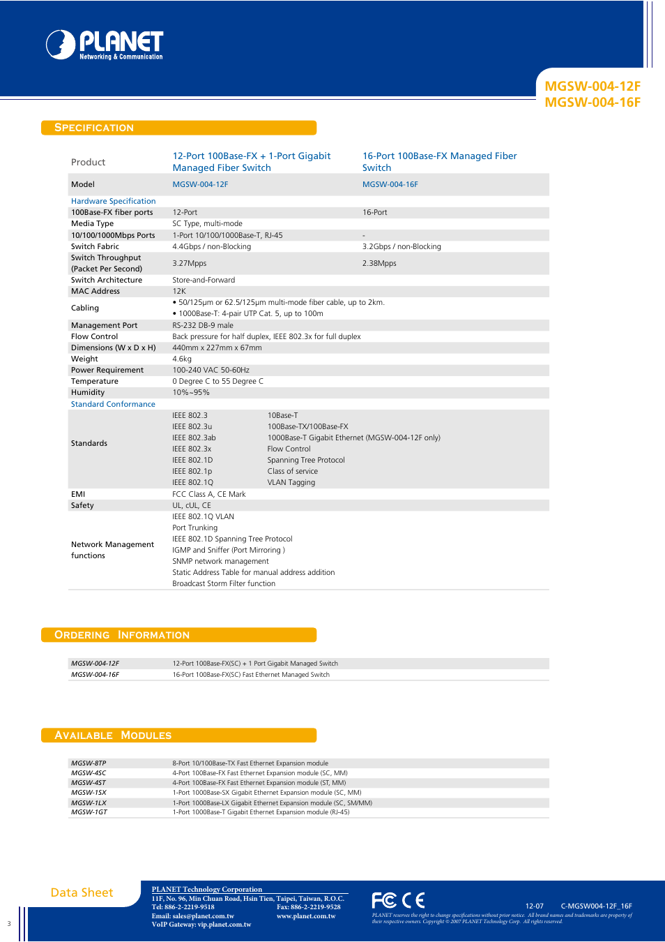 Data sheet, Specification, Ordering information | Available modules | Planet Technology MGSW-004-12F User Manual | Page 3 / 3