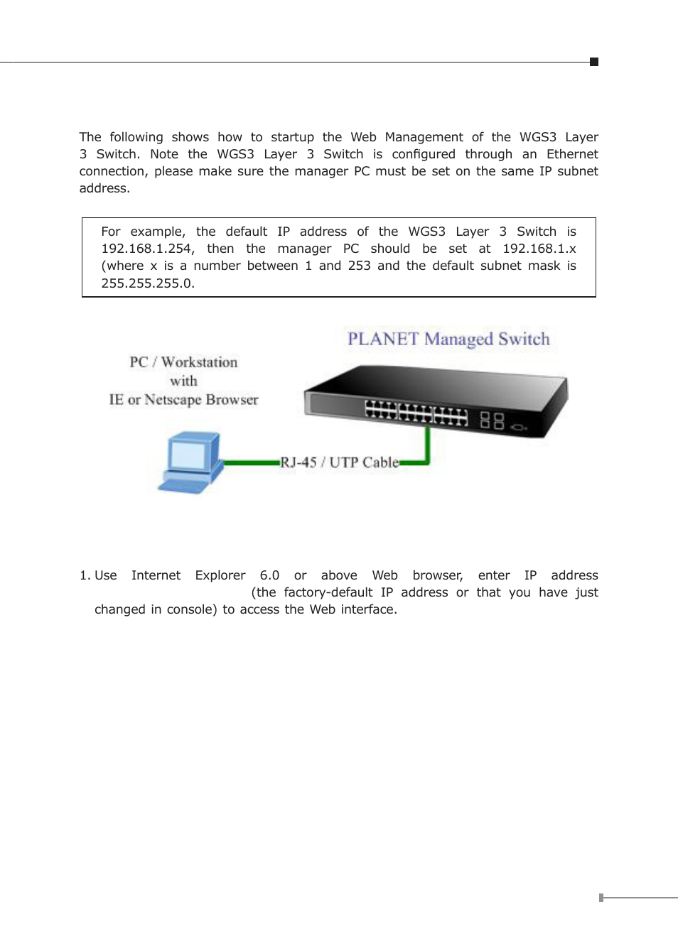 Start web management, Login the managed switch | Planet Technology WGS3-5220 User Manual | Page 10 / 14